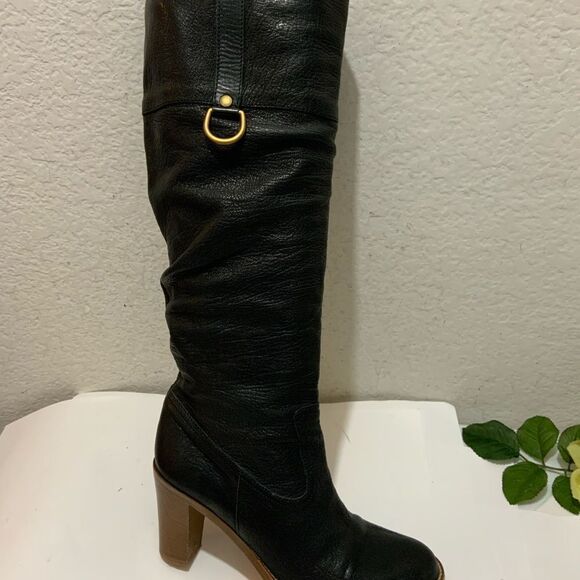 COACH *MORGANN* Tall Boots black  Leather~ Stacked High Heel~ Size 7 B Italy - Picture 1 of 16